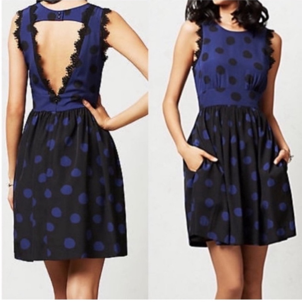 Anthropologie Blue and Black Polka Dot Dress